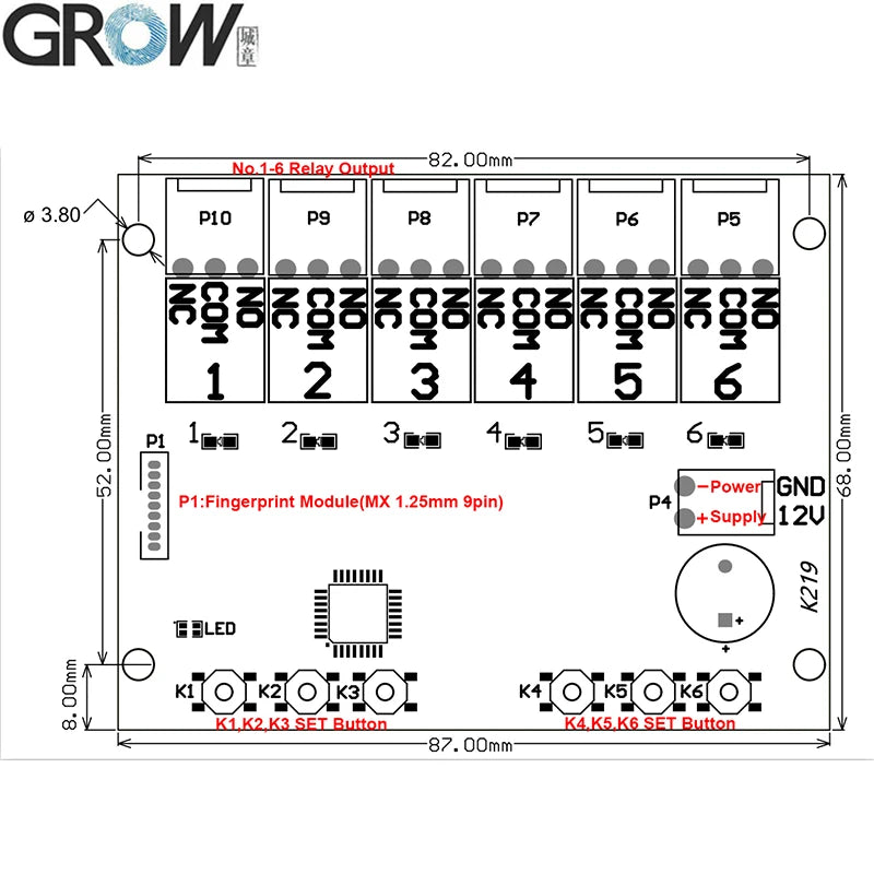 GROW K219-B+G16 DC12V Admin/User Password Fingerprint Control Board With 6 Relays For Door Access Control System