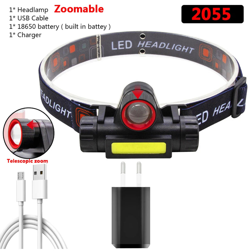 XP-G Q5 Zoomable Headlamp Head Lamp Headlight Waterproof 2500lm Led Built in Usb Rechargeable 18650 Battery Working Light