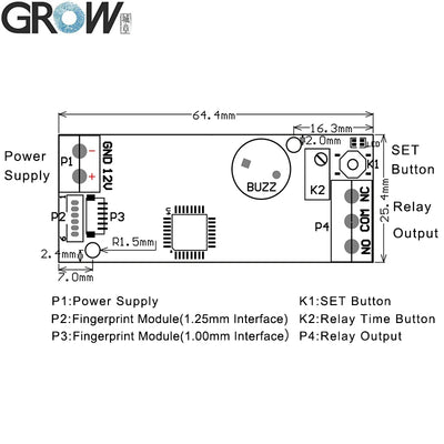 GROW K202+R502-AW DC12V Low Power Consumption Fingerprint Access Control Board