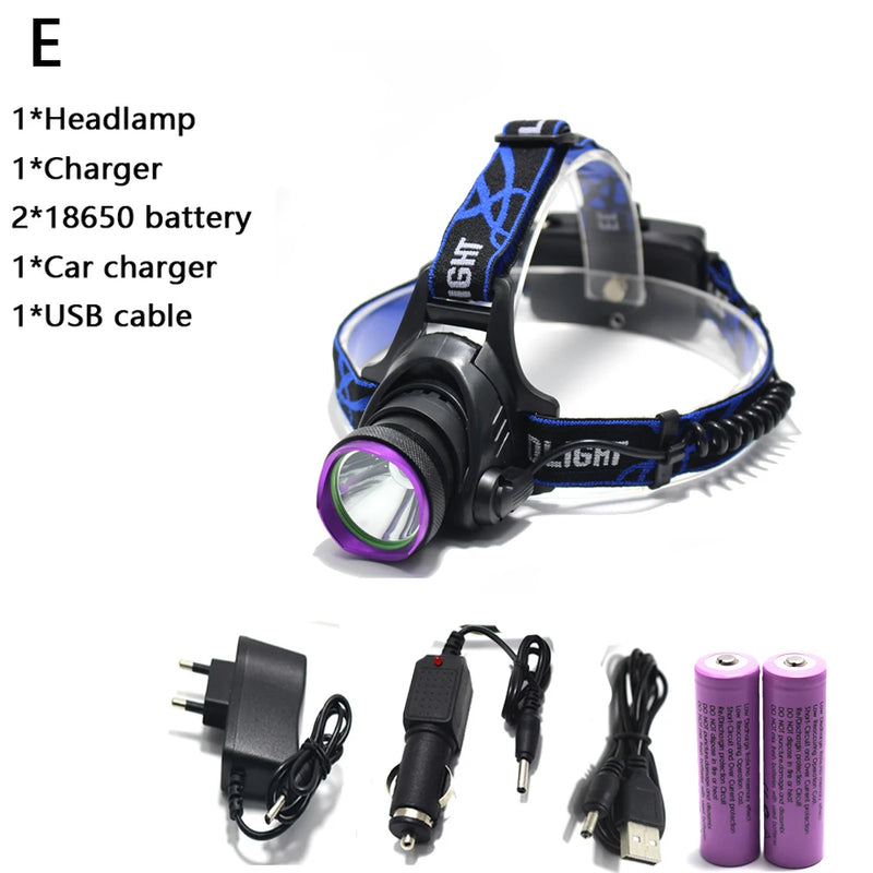 5000 Lumens LED Headlamp Waterproof Hunting Headlight Fishing Flashlight Head Lamp Light + 2x18650 battery+ Charger