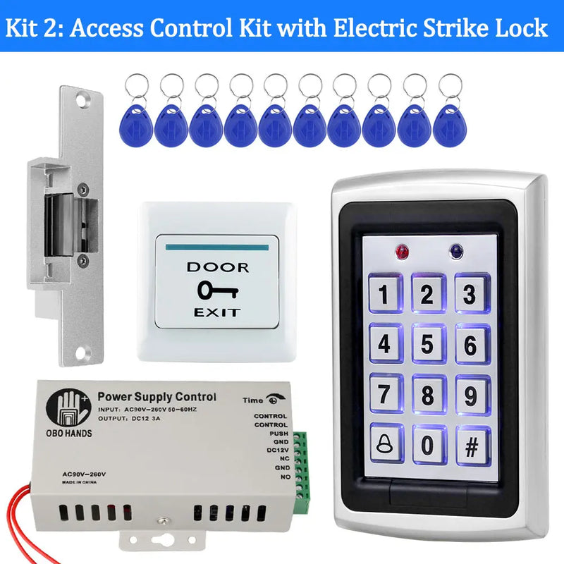 Metal RFID Access Control System Kit with Waterproof Cover+Electric 180KG Magnetic Lock+10 Keyfob+Power Supply+Exit Button