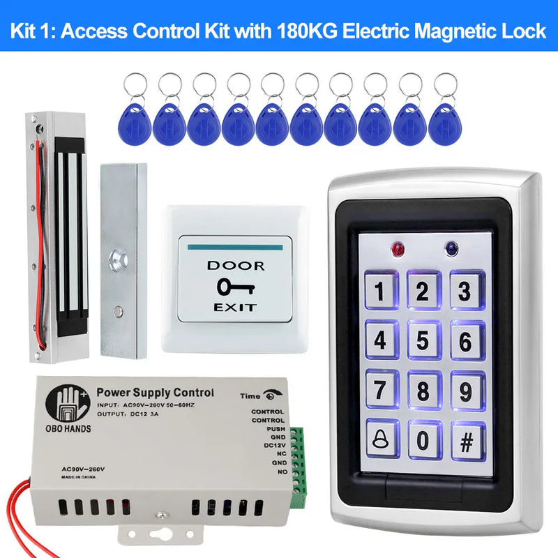 Metal RFID Access Control System Kit with Waterproof Cover+Electric 180KG Magnetic Lock+10 Keyfob+Power Supply+Exit Button