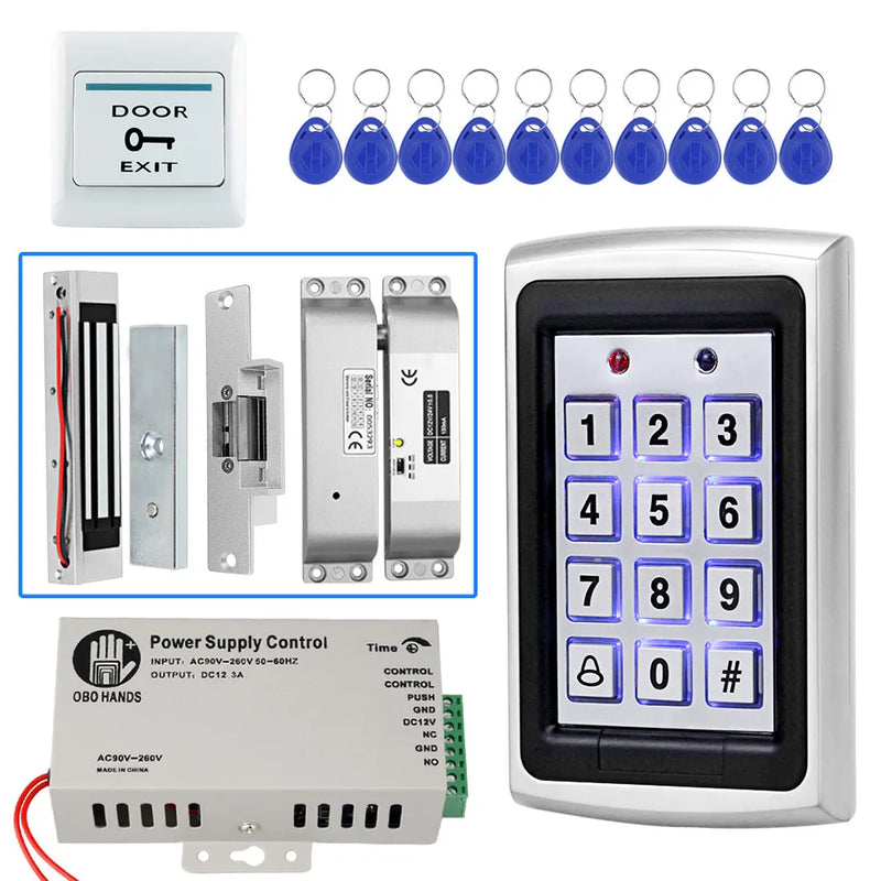 Metal RFID Access Control System Kit with Waterproof Cover+Electric 180KG Magnetic Lock+10 Keyfob+Power Supply+Exit Button