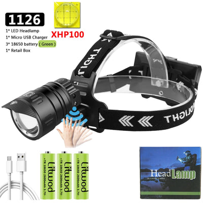 XHP160 1000000lm Sensor Led Headlamp Headlight Powerbank Head Lamp 3 Pcs 18650 Battery Bulbs Zoomable Lithium Ion Litwod 10h