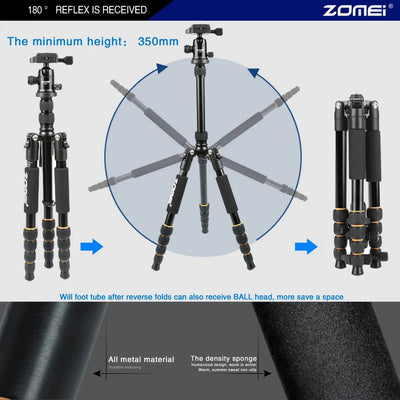 ZOMEI Q666 Professional Aluminium Alloy Tripod Kit Monopod Ballhead For Travel DSLR Camera Light Compact Portable Stand