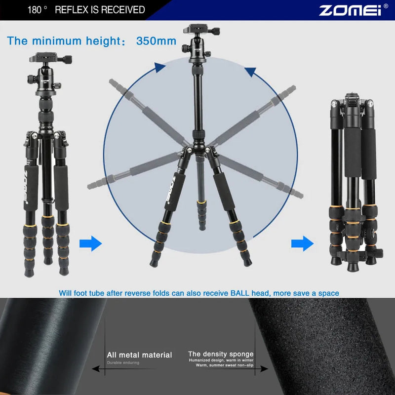 ZOMEI Q666 Professional Aluminium Alloy Tripod Kit Monopod Ballhead For Travel DSLR Camera Light Compact Portable Stand