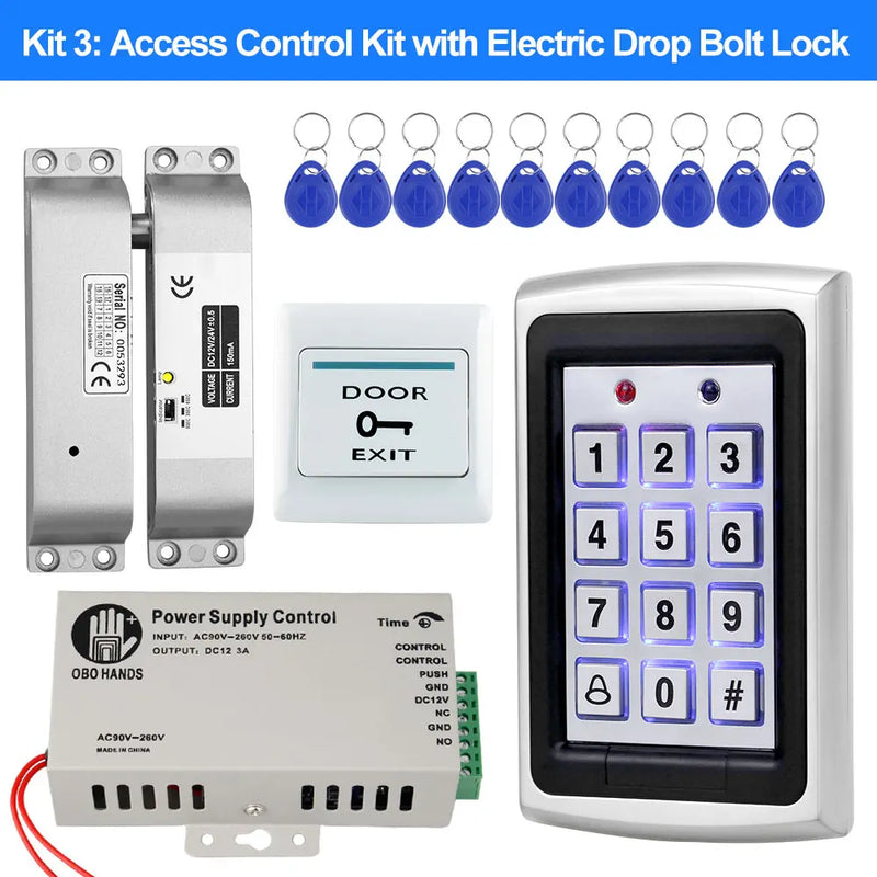 Metal RFID Access Control System Kit with Waterproof Cover+Electric 180KG Magnetic Lock+10 Keyfob+Power Supply+Exit Button