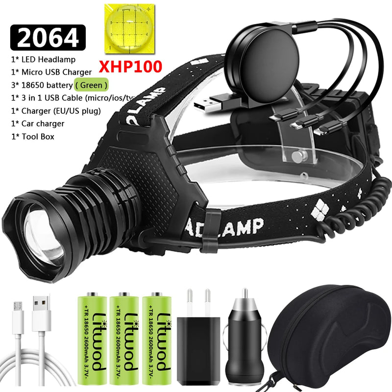 XHP160 1000000lm Sensor Led Headlamp Headlight Powerbank Head Lamp 3 Pcs 18650 Battery Bulbs Zoomable Lithium Ion Litwod 10h