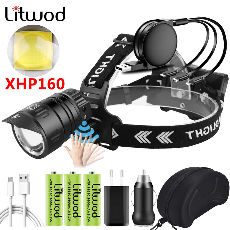 XHP160 1000000lm Sensor Led Headlamp Headlight Powerbank Head Lamp 3 Pcs 18650 Battery Bulbs Zoomable Lithium Ion Litwod 10h