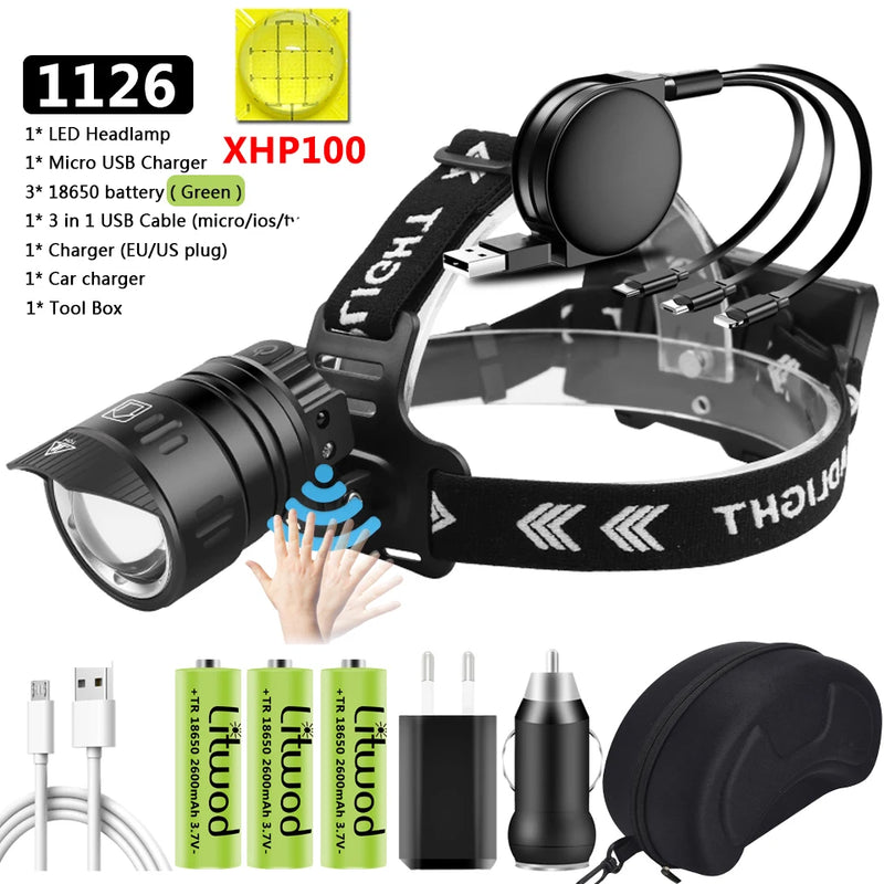 XHP160 1000000lm Sensor Led Headlamp Headlight Powerbank Head Lamp 3 Pcs 18650 Battery Bulbs Zoomable Lithium Ion Litwod 10h