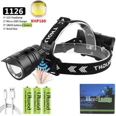 XHP160 1000000lm Sensor Led Headlamp Headlight Powerbank Head Lamp 3 Pcs 18650 Battery Bulbs Zoomable Lithium Ion Litwod 10h