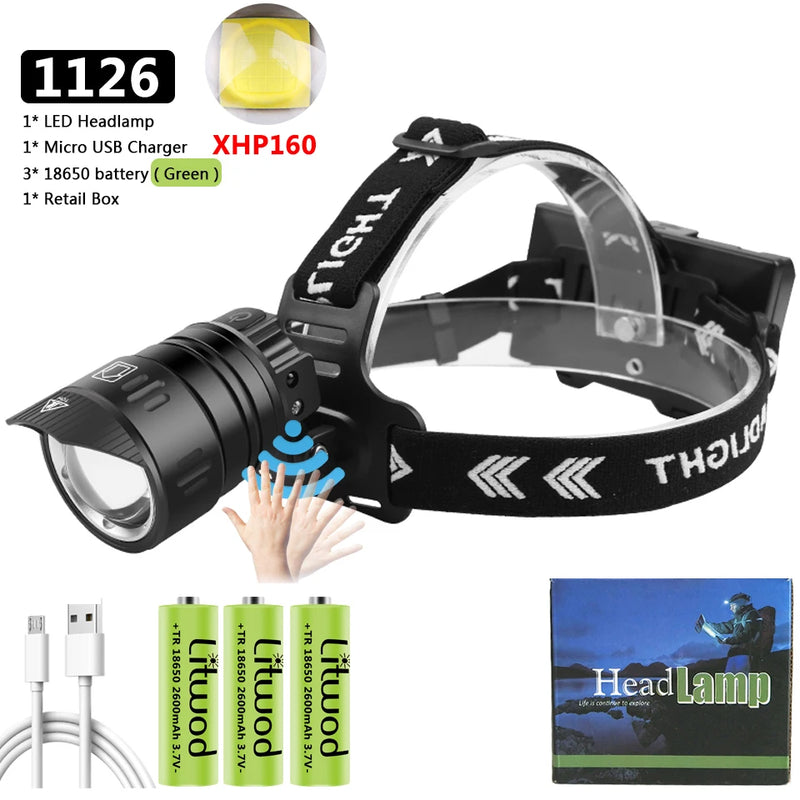 XHP160 1000000lm Sensor Led Headlamp Headlight Powerbank Head Lamp 3 Pcs 18650 Battery Bulbs Zoomable Lithium Ion Litwod 10h