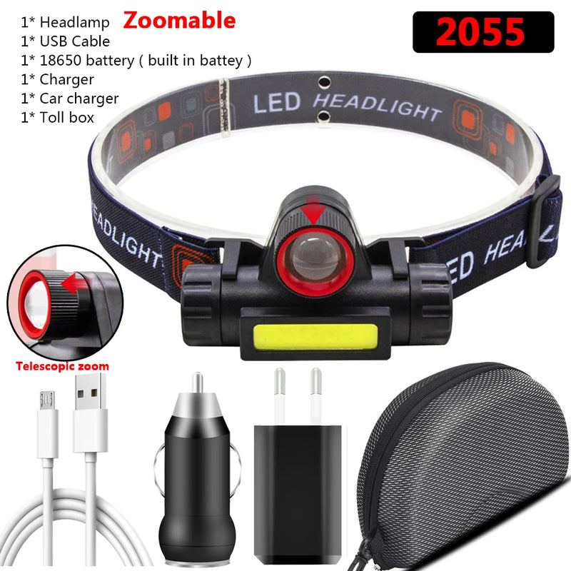 XP-G Q5 Zoomable Headlamp Head Lamp Headlight Waterproof 2500lm Led Built in Usb Rechargeable 18650 Battery Working Light