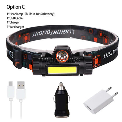 Portable Built-in Battery Camping Powerful LED Headlamp COB USB Rechargeable Headlight Waterproof Head Torch Head Lamp Lantern