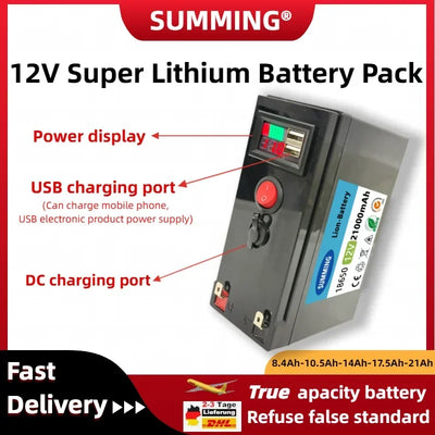 2025 New Rechargeable 18650 Lithium Battery 12V 210Ah NUMMING Battery Built-in 5V 2.1A USB Android Apple Port 12.6V 3A Charger