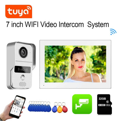 TUYA Wifi Video Doorbell System 1080P Doorphone Door RFID Unlock Camera 7 Inch 2 LCD Touch Screen, Video Intercom Access Control