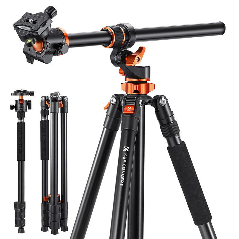 K&F Concept 90 inch /2.3m Camera Aluminum Alloy Tripods Reversible Transverse Center Column Tripod Travel T254A7+BH-28L Monopod