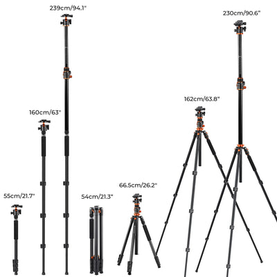 K&F Concept 90 inch /2.3m Camera Aluminum Alloy Tripods Reversible Transverse Center Column Tripod Travel T254A7+BH-28L Monopod