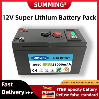 2025 New Rechargeable 18650 Lithium Battery 12V 210Ah NUMMING Battery Built-in 5V 2.1A USB Android Apple Port 12.6V 3A Charger