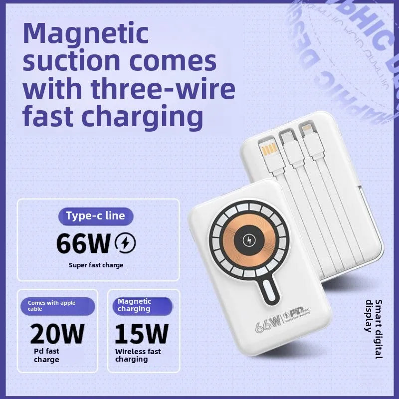 Super Fast Charging 66W Wireless Magnetic Power Bank with 20000mAh Built-in Cable and Large Capacity Suitable for Huawei Android