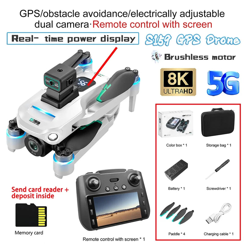 S159 Mini Drone GPS 8K Professional WIFI FPV Dron and 8K Camera 5G Picture Transmission with Screen Remote Control RC Quadcopter