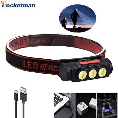 High Lumen 3*COB LED Headlamp Waterproof Head Lamp 18650 Rechargeable Headlight Head Flashlight