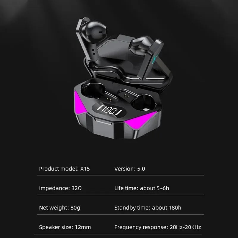 X15 TWS Gaming Earbuds Wireless Bluetooth Earphone with Mic Bass Audio Sound Positioning 9D Stereo Music HiFi Headset for Gamer