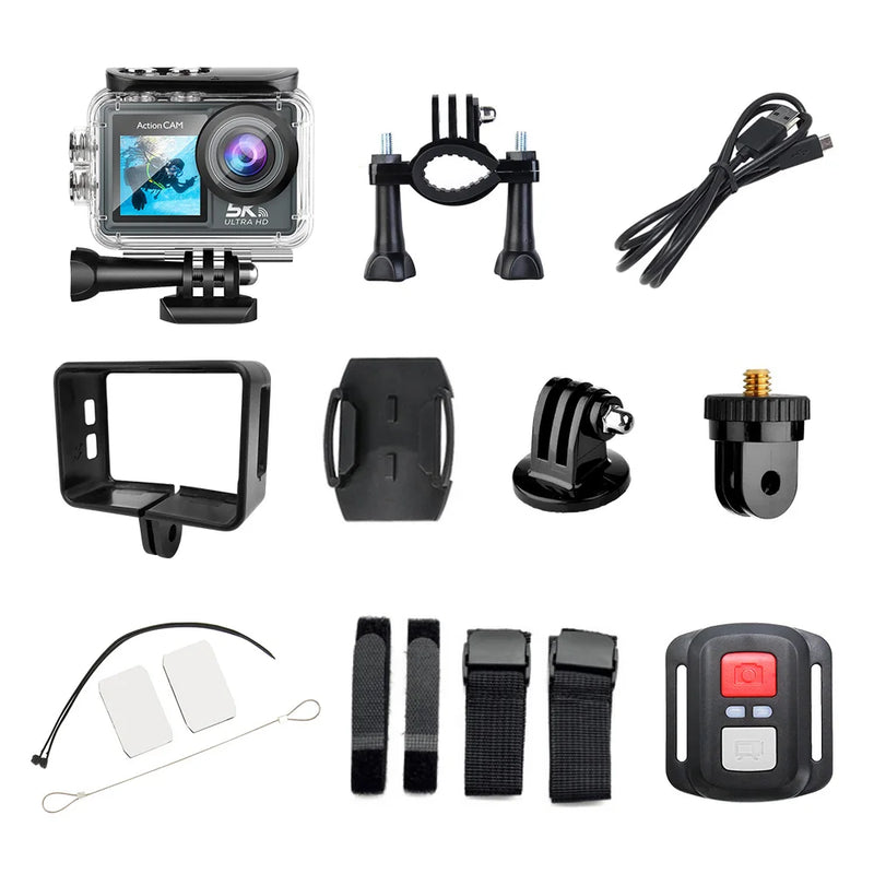 5K 30FPS Action Camera 4K 60FPS Dual Screen 170° Wide Angle 30m Waterproof Sport Camera with Remote Control Bicycle Diving Cam