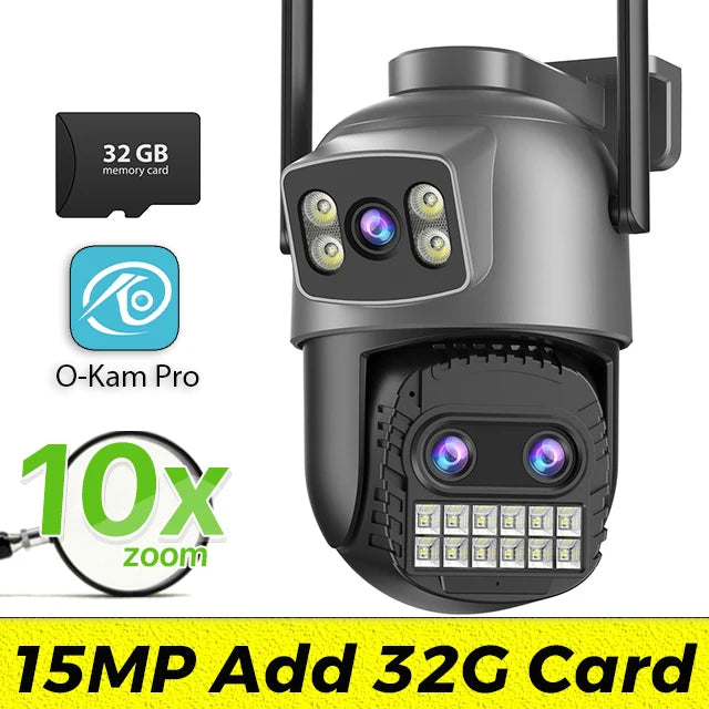 Outdoor Dual Screen IP Camera, 15MP, WiFi, PTZ,10X Digital Zoom,4K,Human Detection, Security Camera, Surveillance, O-Kam Pro App