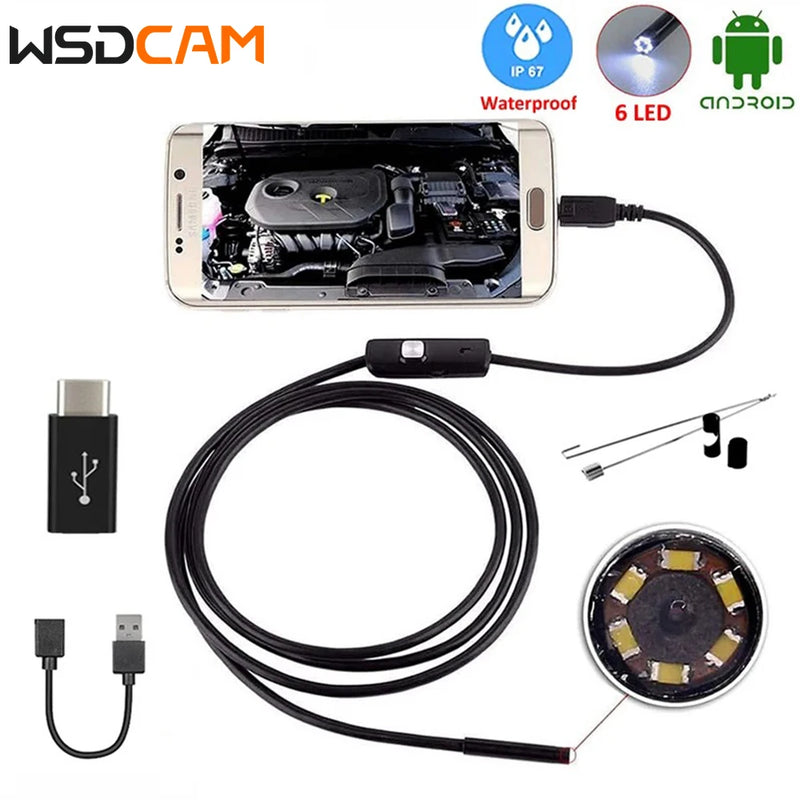 Wsdcam Endoscope Camera 7MM 2 in 1 USB Endoscope Camera Waterproof 6 LED Borescope Inspection Camera For OTG Compatible Android