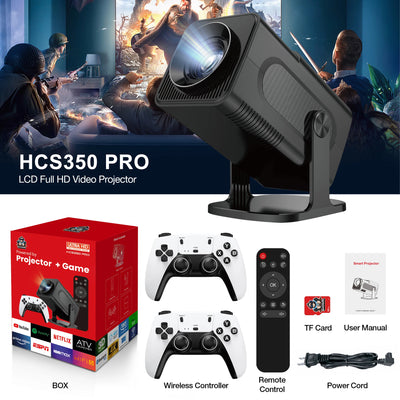 HCS350 Pro Portable Projector Include 2 White Wireless Game Controllers 3800 Games Support 4K 1080P Android11 Video Game Console