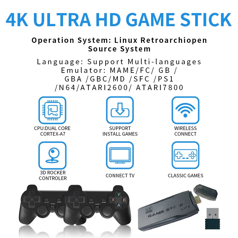 Video Game Sticks M8 Console 2.4G Dual Wireless Controller Game Stick 4K 10000 games 64GB Retro game For Dropshiopping Xmas Gift