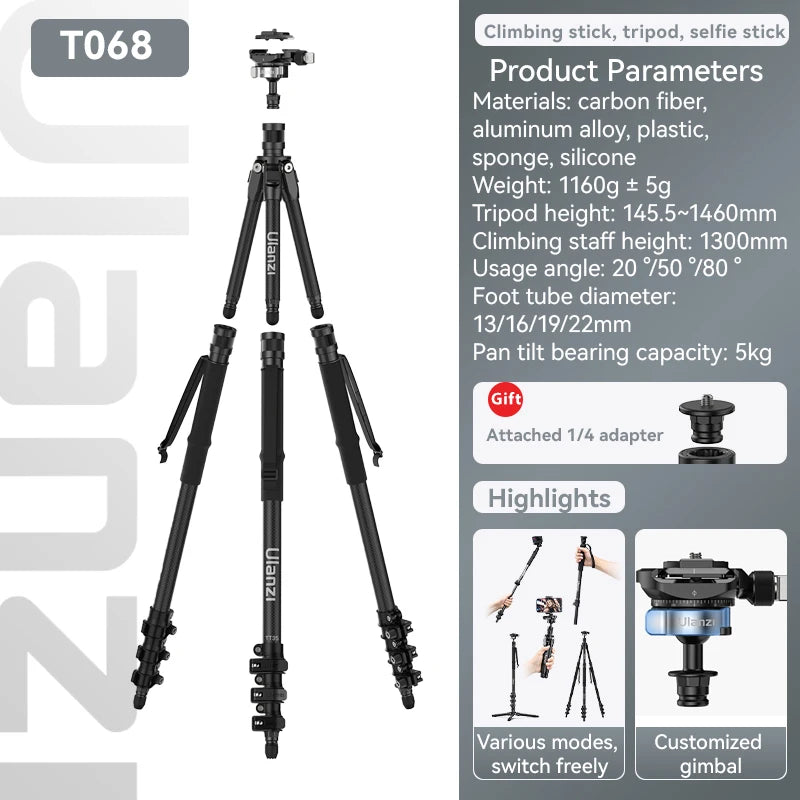 Ulanzi Professional TT35 Tripod Stand for Phone Camera Sony Canon Nikon Fujim iPhone Samsung Carbon Fibre Monopod Selfie Stick