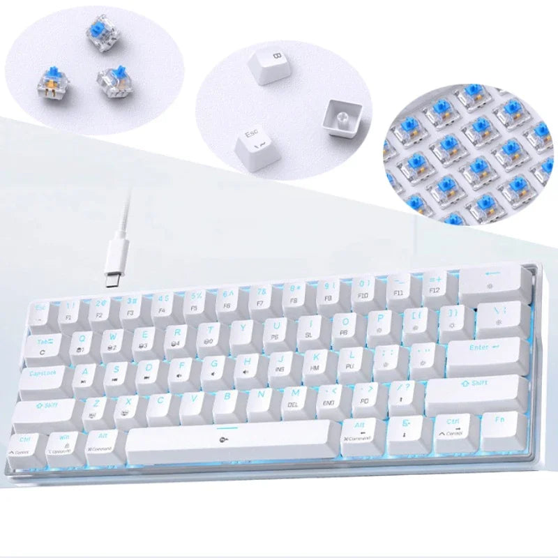 Mechanical keyboard backlit white gaming wired ergonomic 61 keys keyboards  60% gaming key board wired with backlight blue pc