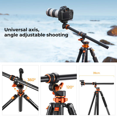 K&F Concept 90 inch /2.3m Camera Aluminum Alloy Tripods Reversible Transverse Center Column Tripod Travel T254A7+BH-28L Monopod