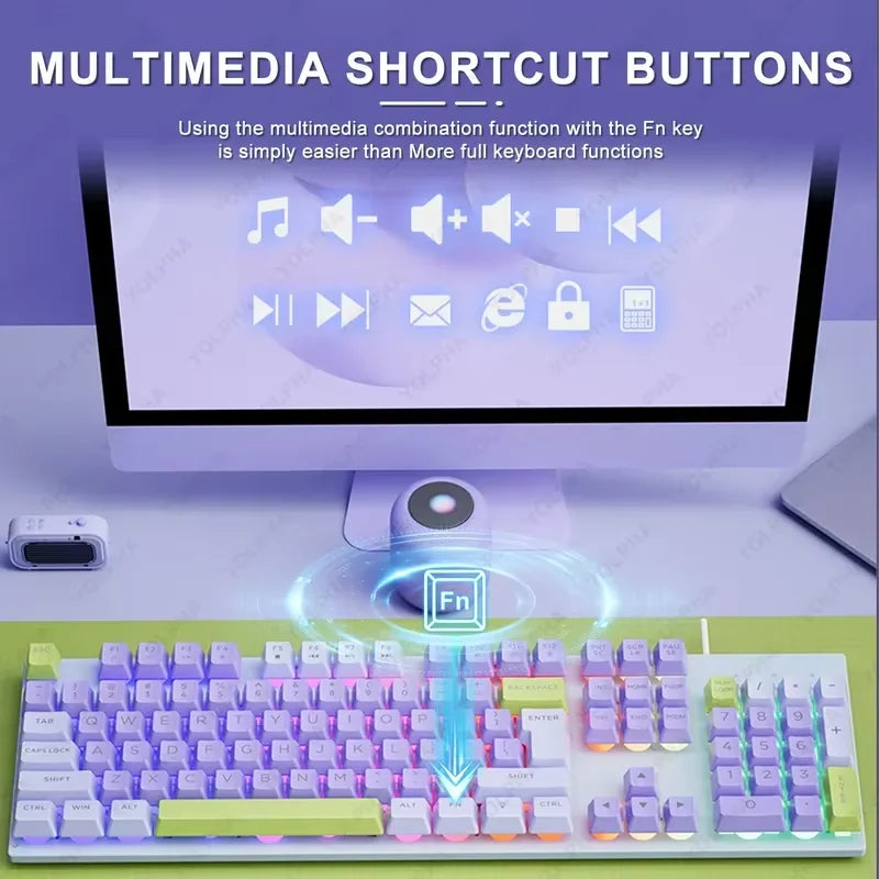 Computer Wired Keyboard 104 Keys 7 Color Backlight Floating Square Keycaps Gaming Silent Keyboard For Laptop Business Office