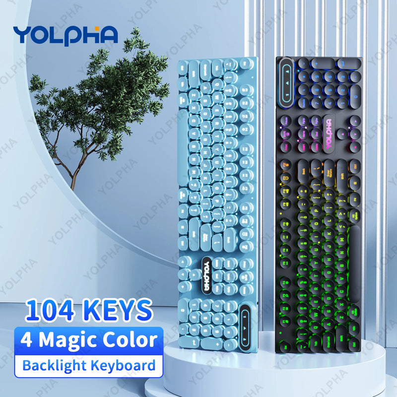 Retro Gaming Keyboard 104 Keys, LED Backlit Round Keycaps Ergonomic Wired Illuminated USB Keyboard Keyboard for PC Office PC Lap