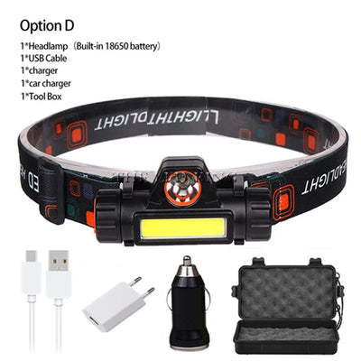 Portable Built-in Battery Camping Powerful LED Headlamp COB USB Rechargeable Headlight Waterproof Head Torch Head Lamp Lantern