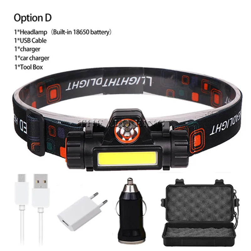 Portable Built-in Battery Camping Powerful LED Headlamp COB USB Rechargeable Headlight Waterproof Head Torch Head Lamp Lantern