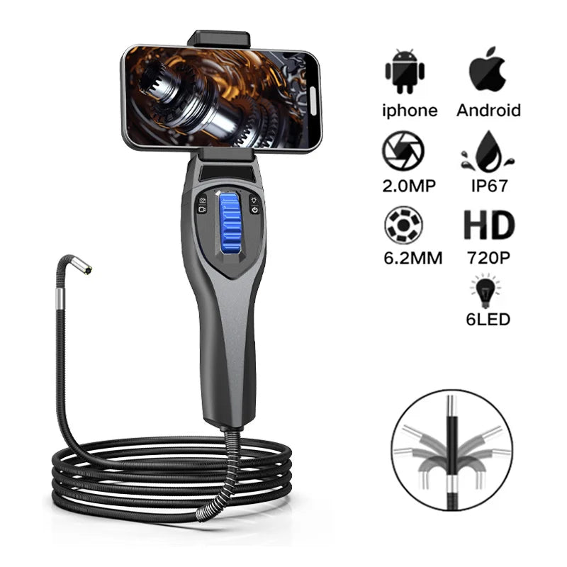 6.2MM Articulating Borescope 360° Two-Way Rotary Endoscope Camera HD 720P Car Inspection With 6 LED Lights For Engine Inspect