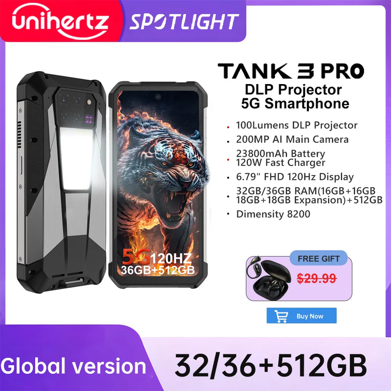 Unihertz Tank 3 Pro 8849 Rugged 5G Smartphone Android with 100 Lumens Projector 32GB 512GB 23800mAh 6.79" FHD Waterproof Phone