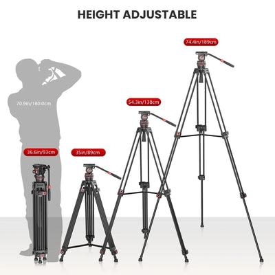 74'' Video Tripod Metal Heavy Duty Professional Tripod for Camera Camcorder Fluid Video Head Pan Tilt Damping Max Load 22lb/10kg