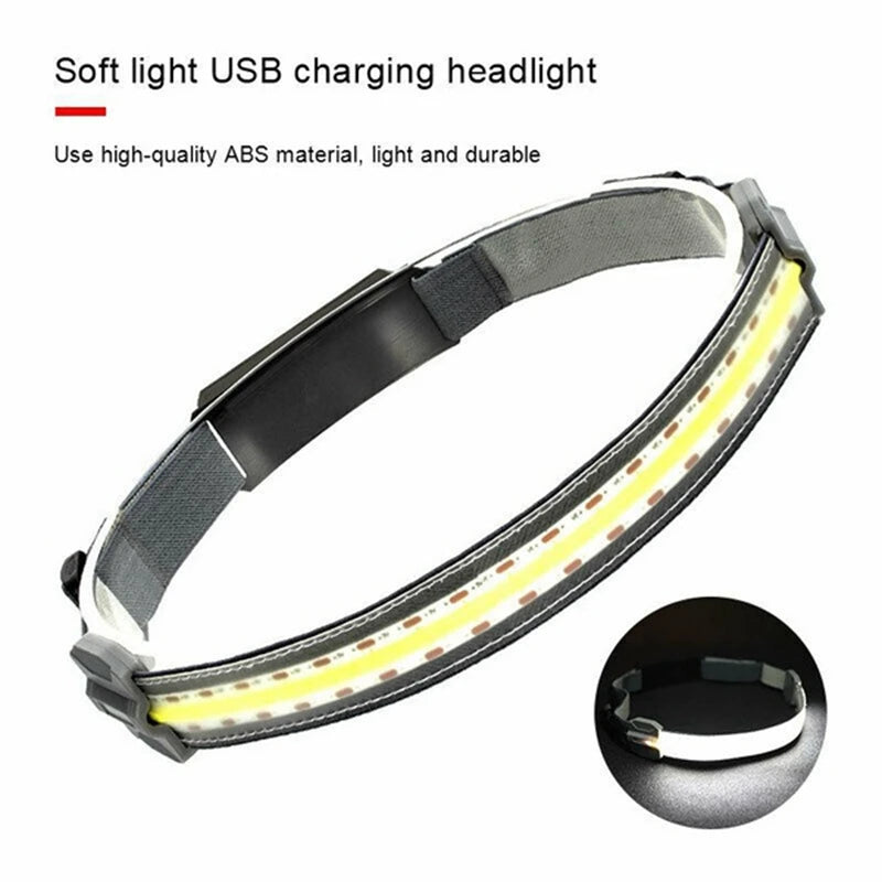 Wide Beam COB Headlamp USB Rechargeable Headlight with Built-in Battery Outdoor Red Head Flashlight for Running Fishing 3 Modes