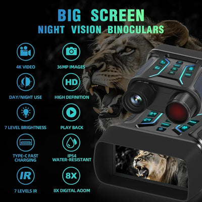 4K Night Vision Binoculars 4.5 inches HD screen Hunting Binoculars for Adults with 8X Digital Zoom Infrared Night Vision Goggles