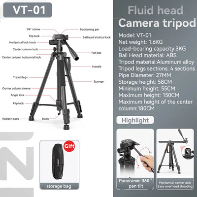 Ulanzi VT-01 1.8m Aluminum Alloy Tripod For Camera and Phone Five Section Center Column Monopod For Sony Canon Photography Stand