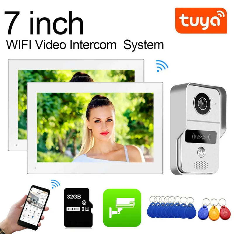 TUYA Wifi Video Doorbell System 1080P Doorphone Door RFID Unlock Camera 7 Inch 2 LCD Touch Screen, Video Intercom Access Control