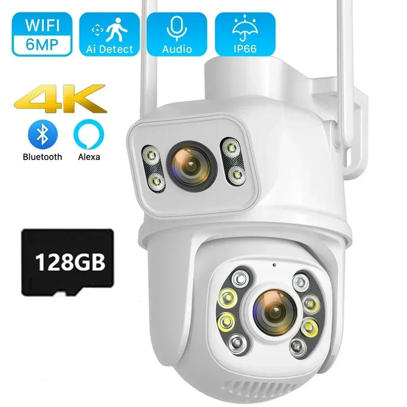 6MP 4K WiFi Camera Dual Lens Dual Screen Outdoor Waterproof And Security Video Surveillance Camera Alarm Light IP Camera