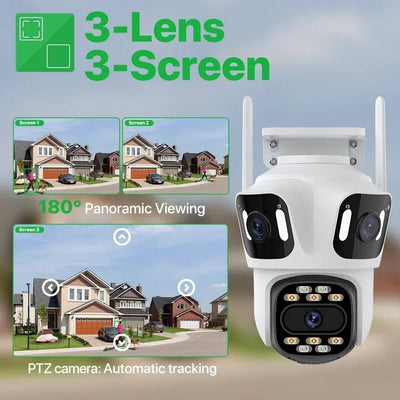 Three Lens Three Screen IP Camera WiFi External Dual Lens Auto Track 15MP Security PTZ Camera 4K HD iCsee Video Surveillance