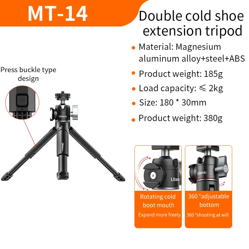 Ulanzi U-Vlog Lite Extendable Phone Camera Tripod with 360° Ballhead 1/4 Screw Portable Vlog Kit Light Desktop Tripods For Phone