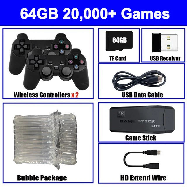 Video Game Console Built-in 20000+ Games Retro Handheld Game Player 64G 4K TV Game Stick 2.4G Wireless Controller Gamepad